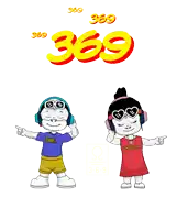 a cartoon of a boy and a girl with headphones and the number 369