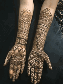 a close up of a woman 's hands with a henna design