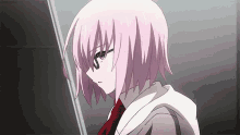 a girl with short pink hair and glasses is wearing a white hoodie and a red tie .