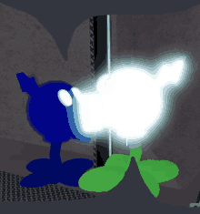 a blue and green cartoon character with a light coming out of their mouth