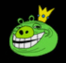 a green angry bird with a crown on its head .