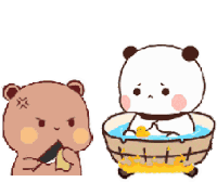 a panda bear is sitting in a bowl of water next to another panda bear eating a banana .