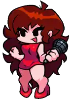 a cartoon character holding a microphone with a red dress on