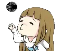 a cartoon of a girl blowing bubbles with a black circle in the background .