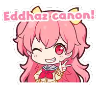 a girl with pink hair is giving a peace sign with the words eddhaz canon behind her