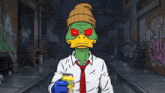 a cartoon duck wearing a beanie and tie holds a can of soda