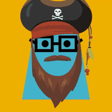 a cartoon illustration of a bearded pirate with glasses and a skull and crossbones hat