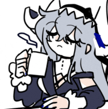 a cartoon of a girl with horns holding a cup