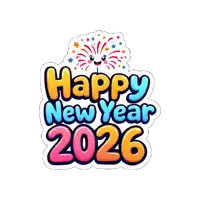 a colorful sticker that says happy new year 2026 with fireworks in the background