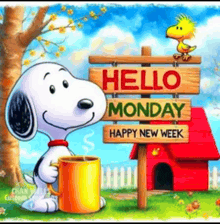 snoopy is holding a cup of coffee and a sign that says hello monday happy new week .