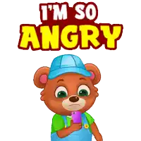 a teddy bear wearing overalls and a blue hat is angry and says i 'm so angry