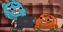 two cartoon characters are sitting on a couch looking at a laptop