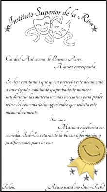 a certificate from instituto superior de la risa with a smiley face on it