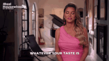 a woman in a pink dress says " whatever your taste is " in front of a piano