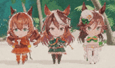 a group of three anime characters standing next to each other on a beach .