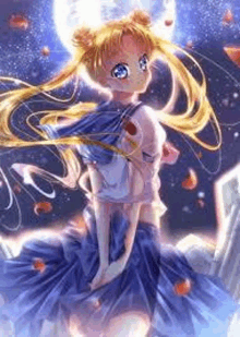 a girl with blonde hair and blue eyes is standing in front of a full moon in a blue dress .