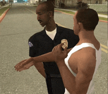 a man in a white tank top is talking to a police officer in a video game