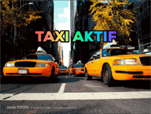 a poster of a city street with taxis and the words taxi aktiv