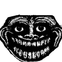 a black and white drawing of a troll face with a big smile