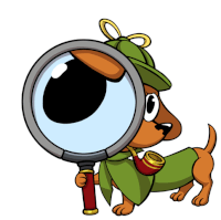 a cartoon dog with a magnifying glass looking at his eye