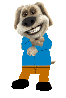 a stuffed animal dog wearing a blue jacket and orange pants