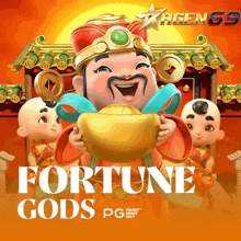 a poster for fortune gods shows a cartoon character holding a gold ingot