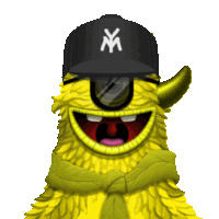 a yellow monster with horns wearing a black ny hat