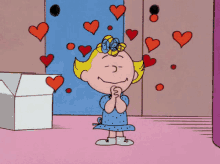 a cartoon girl with hearts coming out of her head