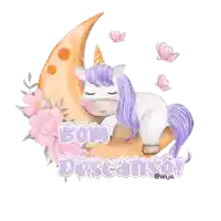 a unicorn sleeping on a crescent moon with the words bom descanso