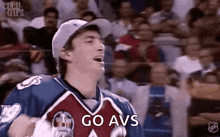 a man in a hockey jersey is shouting go avs in front of a crowd at a hockey game .