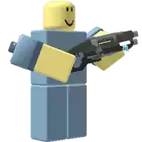 a blue and yellow robot is holding a gun