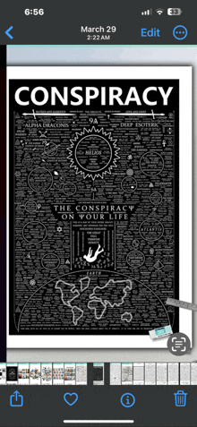 a phone screen shows a poster for conspiracy on march 29th