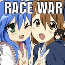 two anime girls are posing for a picture with the words race war written above them