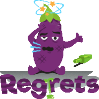 a cartoon illustration of a purple eggplant with the word regrets underneath it