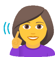 a woman with a yellow face and a purple shirt is pointing her finger up