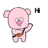 a cartoon pig is waving and holding a bread bag .