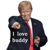 a man in a suit and tie is pointing at the camera and says " i love buddy "