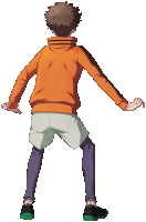 a boy in an orange jacket and white shorts stands with his arms outstretched