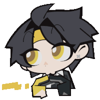 a cartoon character with black hair and yellow eyes has a cross earring