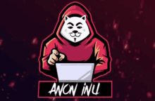 a logo for anon inu shows a cat in a red hoodie holding a laptop