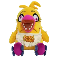 a yellow stuffed animal with a white apron that says party time on it