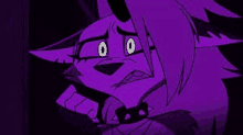 a close up of a purple furry cartoon character with a shocked look on her face .