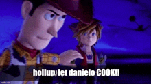 woody from toy story and sora from kingdom hearts are standing next to each other in a dark room .