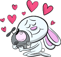 a cartoon of a rabbit hugging another rabbit with hearts surrounding it