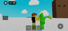 a screenshot of a video game with a green character named gnarpy standing next to a boy