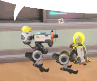 two robots are standing next to each other and one of them has a yellow helmet on