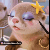 a furry animal with a starfish on its head is being painted with eyeliner