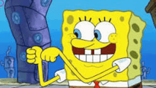 spongebob squarepants is flexing his muscles and smiling .