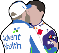 a man wearing an advent health shirt kisses another man on the cheek