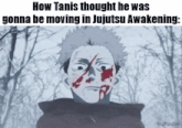 a man with blood on his face is standing in a forest with trees in the background .